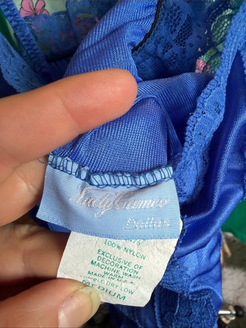 Vintage 80s Lady Cameo Royal Blue Nylon Lace Lounge Jumpsuit M - Picture 10 of 10